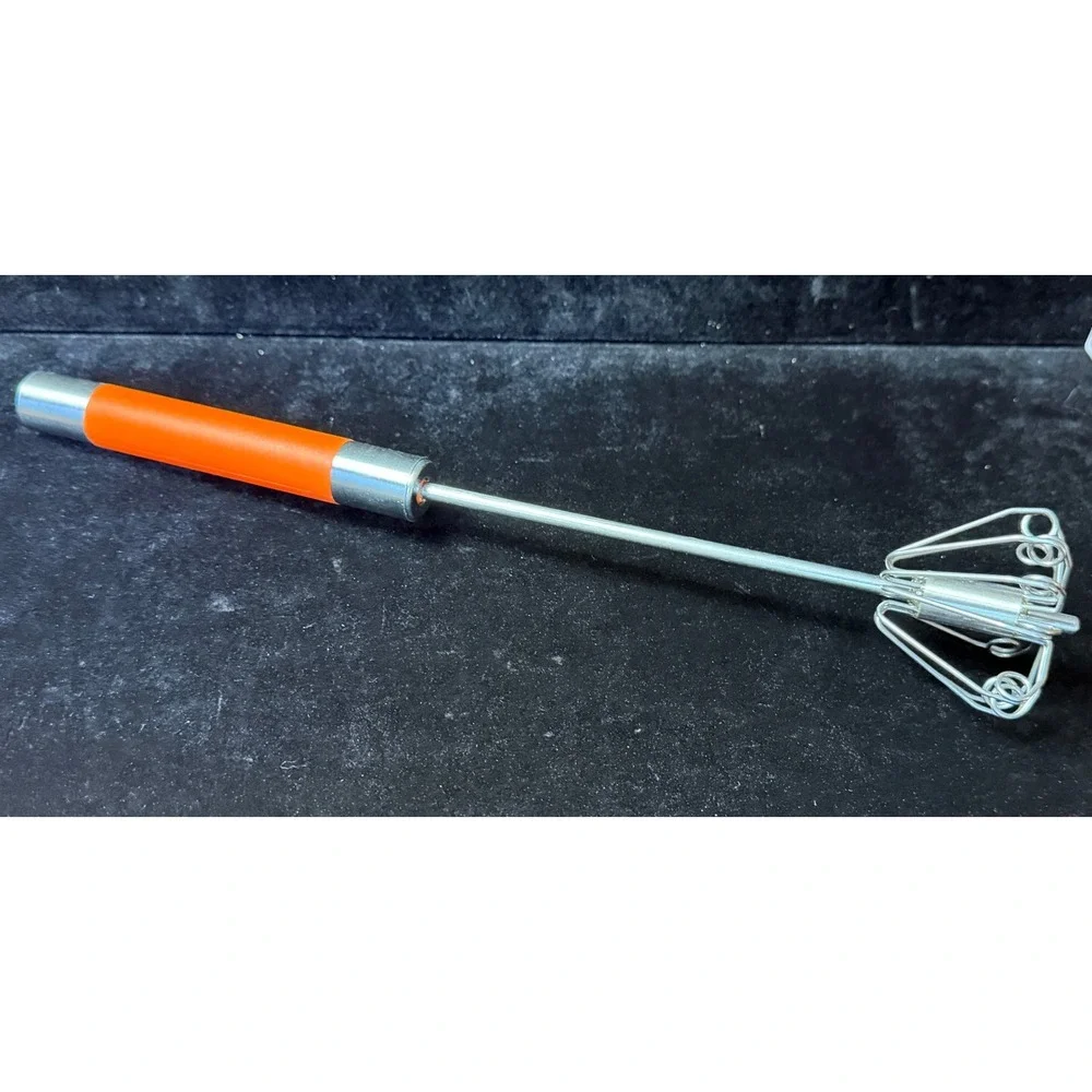 Vintage Orange Hand Push Whisk Mechanical Rotary Egg Beater Milk Frother Tool